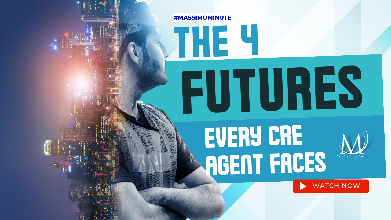 A man standing with his arms crossed with a cityscape behind him. The title of the blog post is The 4 Futures Every CRE Agent Faces.