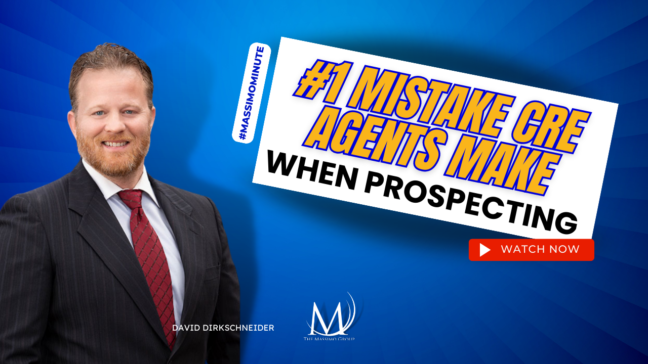 A man stands in front of a blue background. He's in a suit with a red tie. The Title of the slide is The Number 1 Mistake CRE Agents Make When Prospecting and is featuring David Dirkschneider.