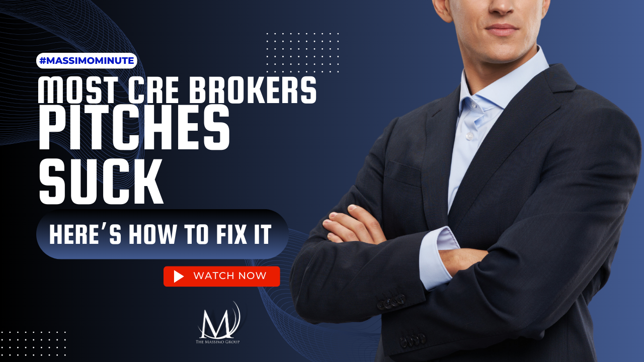 Man in suit with arms crossed. Writing on graphic says Most CRE Brokers Pitches Suck - Here's how to fix it. Ona blue ombre backgroun.