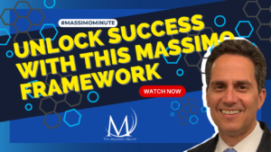 A promotional thumbnail for #MassimoMinute featuring Rod Santomassimo. The graphic includes the headline 'Unlock Success with This Massimo Framework' in bold yellow text, surrounded by a dynamic blue and hexagonal design background. Rod’s smiling face is prominently featured on the right side of the image, alongside a button encouraging viewers to 'Watch Now.' The Massimo Group logo is placed at the bottom, adding a professional touch to the engaging design.