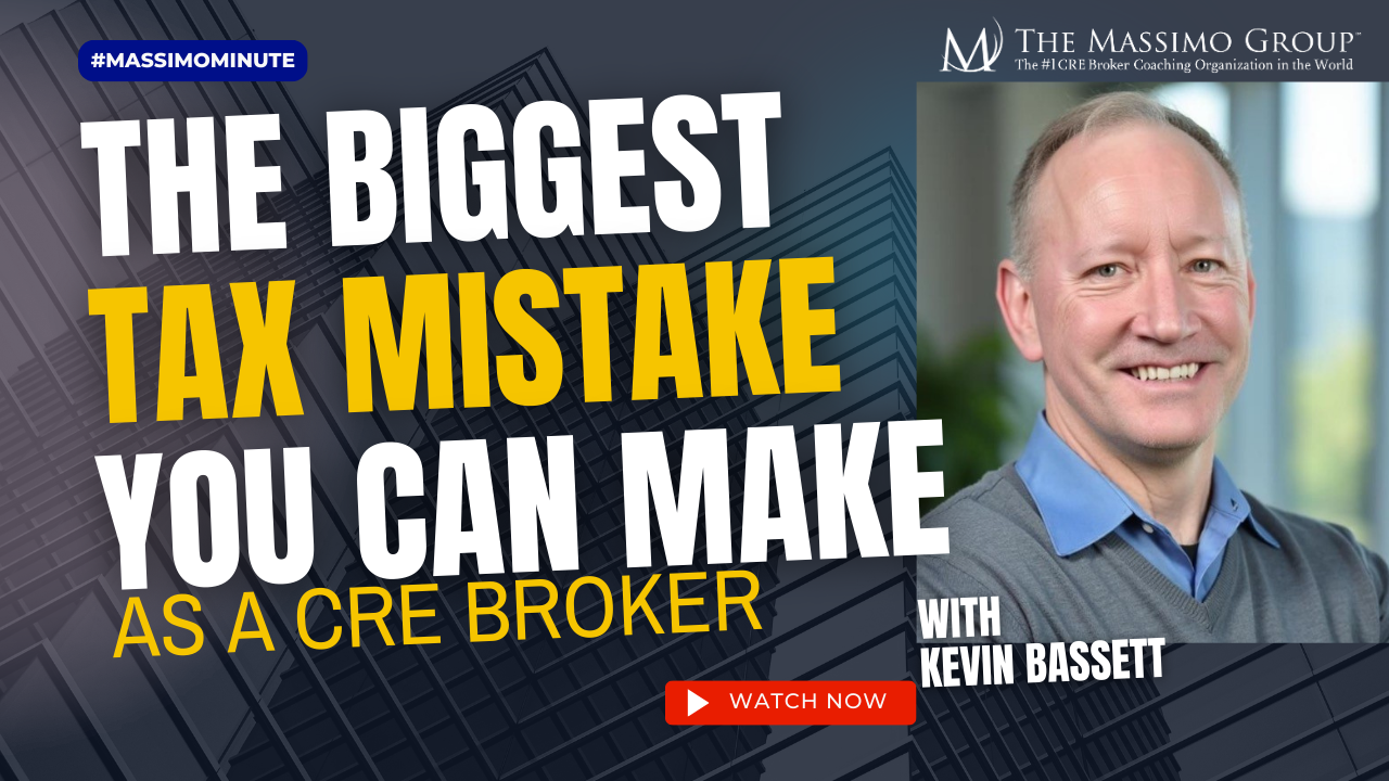 A promotional graphic for a Massimo Minute video featuring tax strategist Kevin Bassett. The bold headline reads: "The Biggest Tax Mistake You Can Make as a CRE Broker", with "Tax Mistake" highlighted in yellow. The background features an abstract cityscape with tall buildings. In the top right corner, there is the Massimo Group logo with the tagline: The #1 CRE Broker Coaching Organization in the World. On the right side, there is a smiling headshot of Kevin Bassett in a blue shirt. A red "Watch Now" button is prominently placed at the bottom, encouraging viewers to click and watch the video.