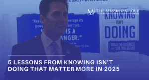 A graphic titled '5 Lessons from Knowing Isn’t Doing That Matter More in 2025' featuring bold text emphasizing five key lessons: 1) Execute Your Plan, 2) Stay Committed, 3) Measure Progress, 4) Stay Accountable, and 5) Make Adjustments. Each lesson is presented in a visually appealing format with vibrant colors and clear typography, reinforcing the importance of strategic execution in achieving professional and personal goals.