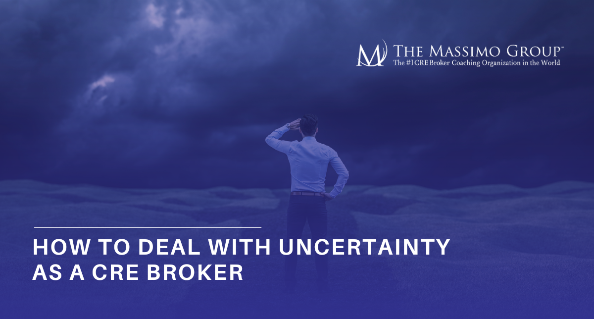 Commercial real estate broker standing in front of large question mark symbolizing uncertainty, with city skyline in background. Conceptual image for navigating economic shifts, market volatility, and deal unpredictability in the CRE industry.