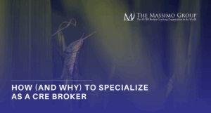 A close-up of a grasshopper camouflaged among green leaves, overlaid with The Massimo Group logo and the title 'How (and Why) to Specialize as a CRE Broker' in bold white text on a blue gradient background.