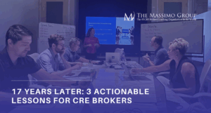 Massimo Group coaching session with commercial real estate professionals in a strategy meeting room, featuring a presenter in front of a screen titled 'Meet Massimo’s Leadership Team.' Text overlay reads: '17 Years Later: 3 Actionable Lessons for CRE Brokers.