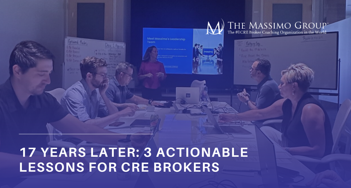 Massimo Group coaching session with commercial real estate professionals in a strategy meeting room, featuring a presenter in front of a screen titled 'Meet Massimo’s Leadership Team.' Text overlay reads: '17 Years Later: 3 Actionable Lessons for CRE Brokers.