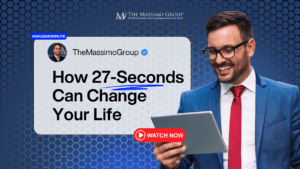 Commercial real estate coach smiles while watching a tablet, promoting a video titled “How 27-Seconds Can Change Your Life” from The Massimo Group. The image highlights a bold call to action “Watch Now” and features the hashtag #MassimoMinute. The Massimo Group logo appears with the tagline "The #1 CRE Broker Coaching Organization in the World.”