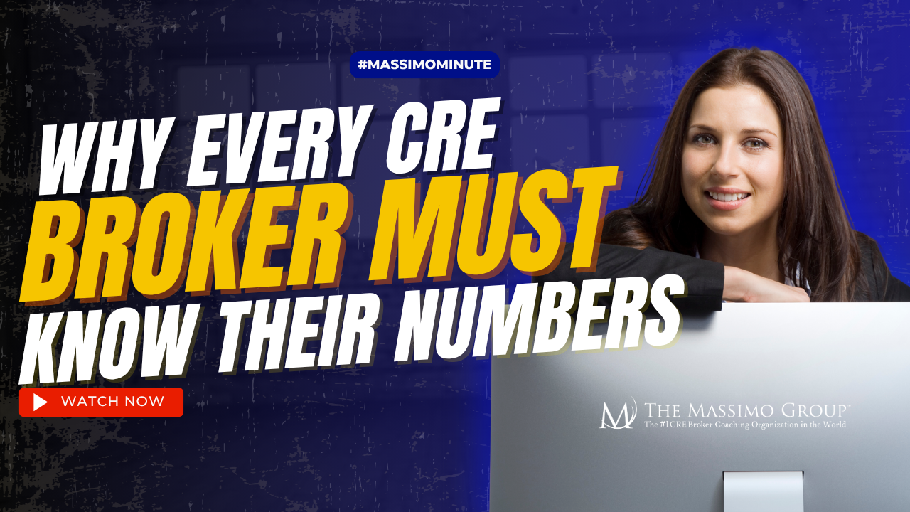 Smiling professional woman leaning on a desk in front of a computer with the Massimo Group logo. Bold text reads: 'Why Every CRE Broker Must Know Their Numbers.' A red 'Watch Now' button and a blue hashtag label '#MassimoMinute' appear on a dark textured background.