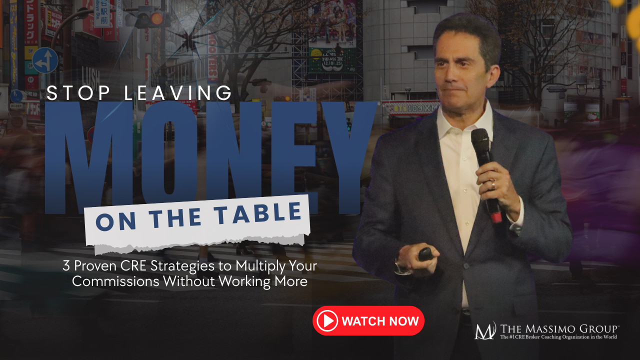 Rod Santomassimo of The Massimo Group speaks on stage with microphone in hand, beside bold text that reads “Stop Leaving Money on the Table – 3 Proven CRE Strategies to Multiply Your Commissions Without Working More,” with a red "Watch Now" button below.