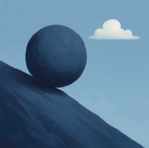 An illustration depicting a large, dark blue, textured spherical object resting precariously on the steep, dark blue slope of a hill or mountain against a lighter blue sky with a single white fluffy cloud. The scene suggests an impending roll or descent.