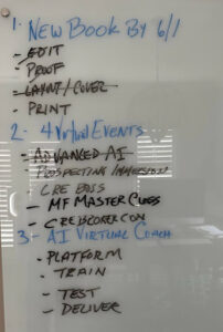 A photo of a whiteboard containing a handwritten list of three main goals for the year, with specific steps for each:

NEW BOOK BY 6/1

EDIT

PROOF

LAYOUT/COVER

PRINT

4 VIRTUAL EVENTS

ADVANCED AI

PROSPECTING IMMERSION

CRE BOSS

MF MASTER CLASS

CRE BROKER CON (which appears to be crossed out)

AI VIRTUAL COACH

PLATFORM

TRAIN

TEST

DELIVER