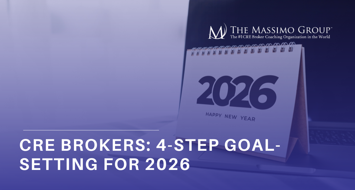 A white desk calendar displaying "2026 HAPPY NEW YEAR" sits open on a laptop keyboard. The top of the image features a logo for "THE MASSIMO GROUP The #1 CRE Broker Coaching Organization in the World." The bottom of the image has text that reads "CRE BROKERS: 4-STEP GOAL-SETTING FOR 2026."