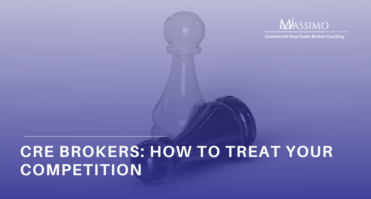 A graphic with a purple-to-blue gradient background featuring a translucent glass chess piece (a pawn) in the center. The text in the foreground reads "CRE BROKERS: HOW TO TREAT YOUR COMPETITION" in white, bold capital letters. The Massimo Group logo and the tagline "Commercial Real Estate Broker Coaching" are displayed in the upper right corner.