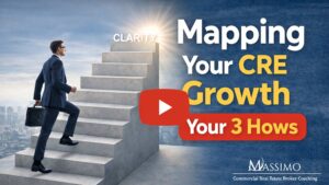 A professional man in a suit carrying a briefcase climbs a set of concrete stairs leading toward the word "CLARITY" in the sky. To the right, the text reads "Mapping Your CRE Growth: Your 3 Hows" with the Massimo logo at the bottom.