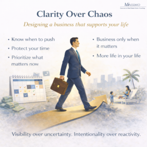 An inspirational graphic from Massimo Commercial Real Estate Broker Coaching titled "Clarity Over Chaos: Designing a business that supports your life." The image depicts a businessman walking along an upward-trending golden arrow that bridges a gap between a stressful office environment (represented by a calendar, stacks of cash, and a cityscape) and a peaceful beach scene where a family is relaxing. The graphic includes bullet points: "Know when to push," "Protect your time," "Prioritize what matters now," "Business only when it matters," and "More life in your life." The bottom text reads: "Visibility over uncertainty. Intentionality over reactivity."