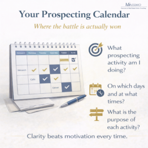 An educational graphic titled "Your Prospecting Calendar: Where the battle is actually won" by Massimo Commercial Real Estate Broker Coaching. The image features a 3D illustration of a desk calendar with checkmarks and a pen, alongside three guiding questions: "What prospecting activity am I doing?", "On which days and at what times?", and "What is the purpose of each activity?" The bottom of the graphic reads, "Clarity beats motivation every time.
