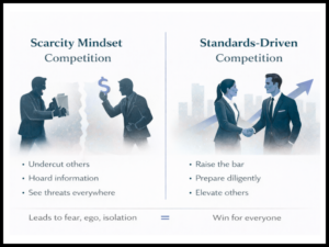 A comparative infographic titled "Scarcity Mindset Competition" versus "Standards-Driven Competition." On the left, a dark silhouette of two people arguing over a dollar sign illustrates the scarcity mindset, which "undercuts others," "hoards information," and "sees threats everywhere," leading to "fear, ego, isolation." On the right, a bright illustration of two professionals shaking hands with an upward-pointing arrow illustrates standards-driven competition, which "raises the bar," "prepares diligently," and "elevates others," resulting in a "win for everyone."