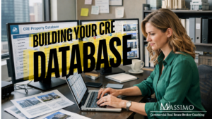 A professional woman in a modern office working on a laptop, with a digital overlay titled "Building Your CRE Database" featuring icons for property data, client contacts, and market analytics.