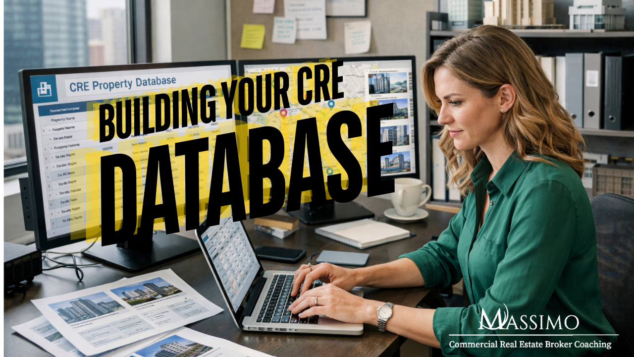 A professional woman in a modern office working on a laptop, with a digital overlay titled "Building Your CRE Database" featuring icons for property data, client contacts, and market analytics.
