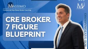 A professional graphic for the "CRE Broker 7 Figure Blueprint" featuring Rod Santomassimo. The design includes a blue and dark grey color scheme with the title "How Commercial Real Estate Brokers Scale to Seven Figures."