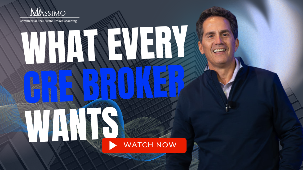 A marketing graphic for The Massimo Group featuring a professional headshot of Rod Santomassimo. Large bold text reads "WHAT EVERY CRE BROKER WANTS" with a red "WATCH NOW" button below it. The background shows a modern building exterior with a blue sky.
