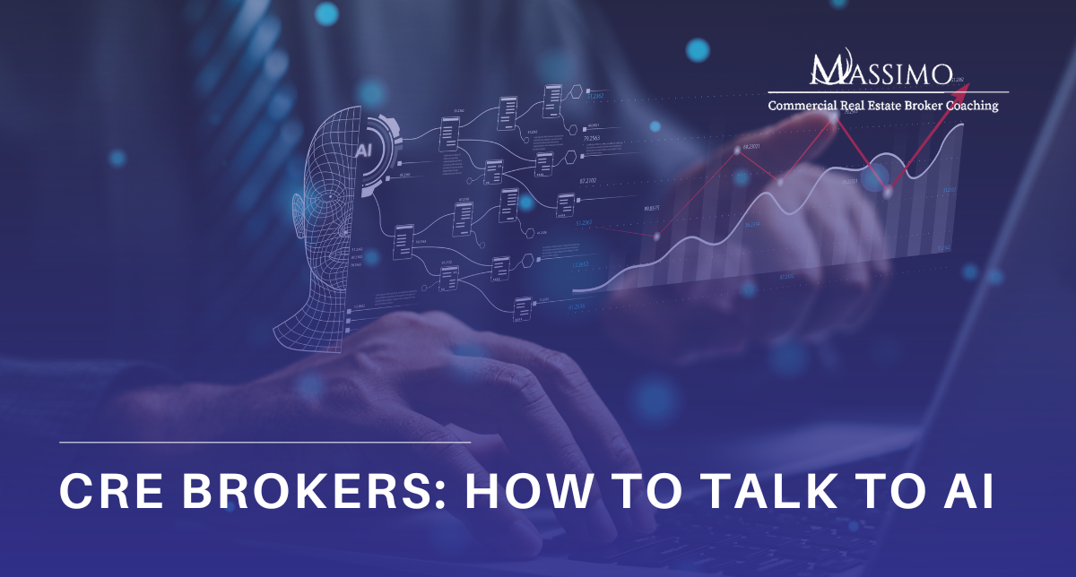 Commercial real estate broker pointing at a digital interface with the text "CRE Brokers: How to Talk to AI" and the Massimo Group logo.