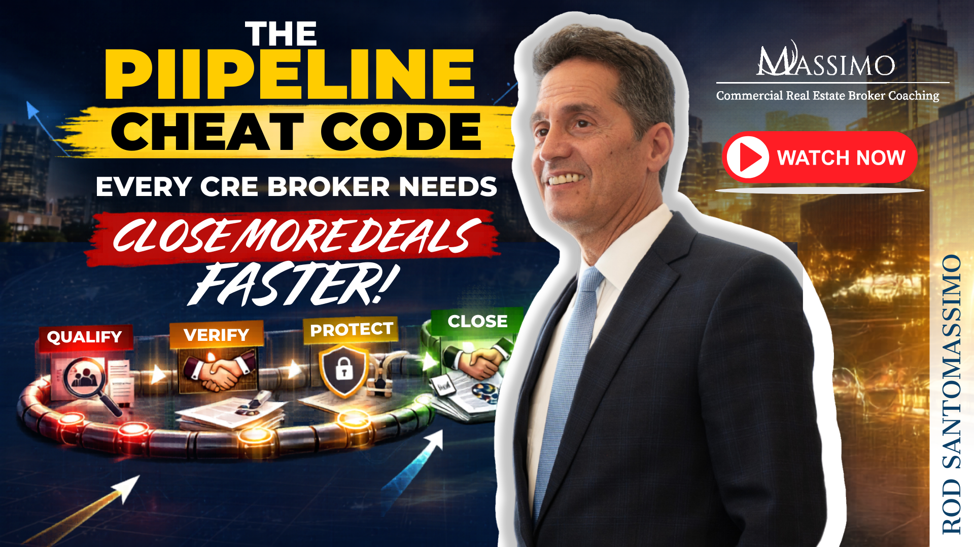 Commercial real estate broker holding a tablet featuring "The Pipeline Cheat Code" and "Close More Deals Faster" headline.