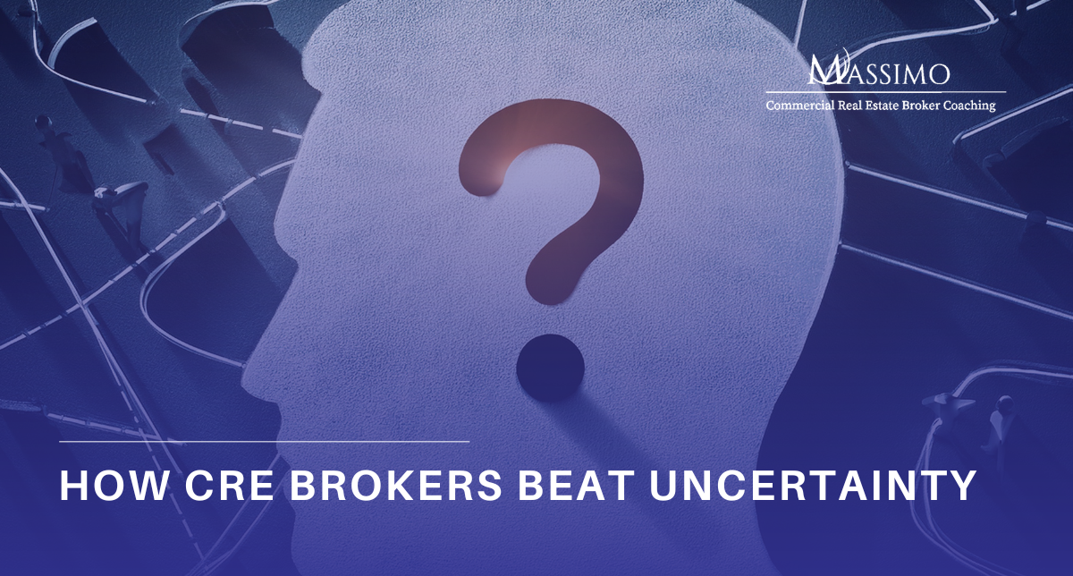 A professional graphic for "Massimo Commercial Real Estate Broker Coaching" featuring a silhouette of a person's head with a large question mark inside. The background is a deep blue, tech-inspired overlay of a city or office environment, with the bold white text "HOW CRE BROKERS BEAT UNCERTAINTY" at the bottom.