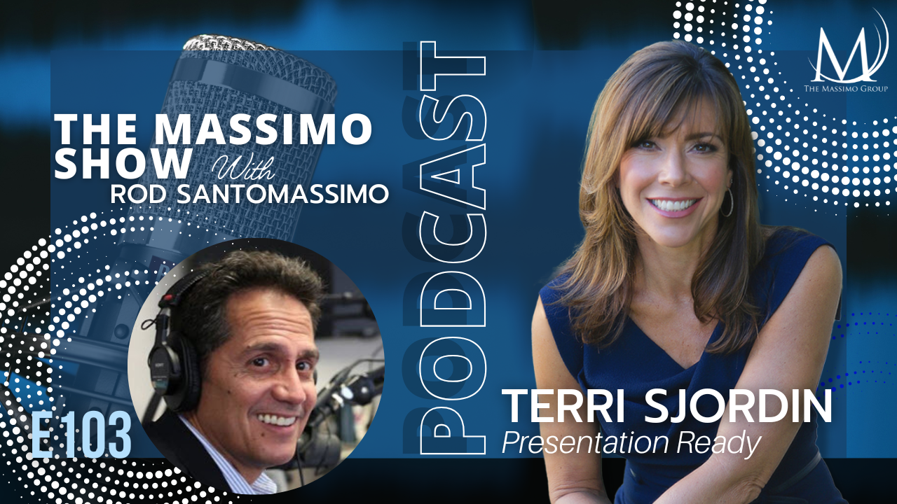 Massimo Show Podcast cover featuring Terri Sjodin and Rod Santomassimo, titled "How to Deliver Persuasive Sales Presentations That Win Deals."
