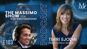 Massimo Show Podcast cover featuring Terri Sjodin and Rod Santomassimo, titled "How to Deliver Persuasive Sales Presentations That Win Deals."