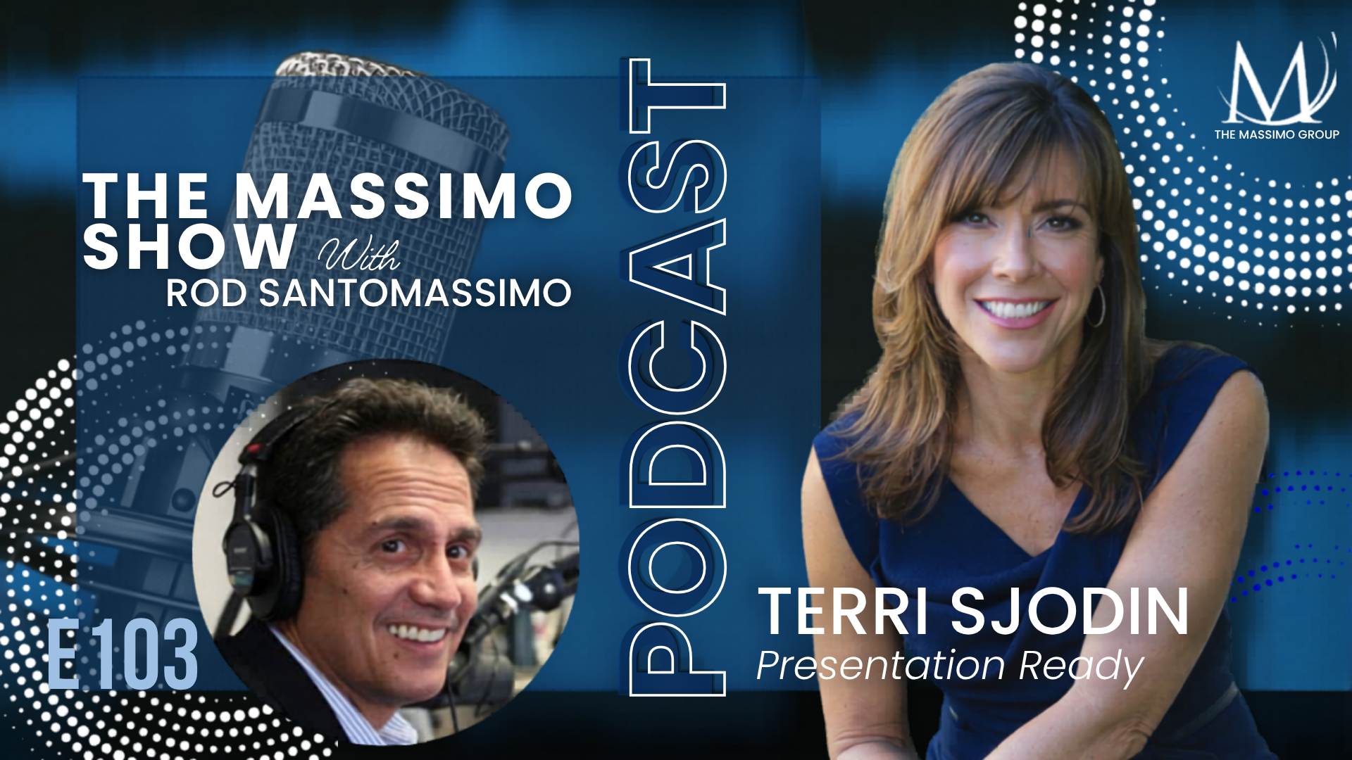 Massimo Show Podcast cover featuring Terri Sjodin and Rod Santomassimo, titled "How to Deliver Persuasive Sales Presentations That Win Deals."