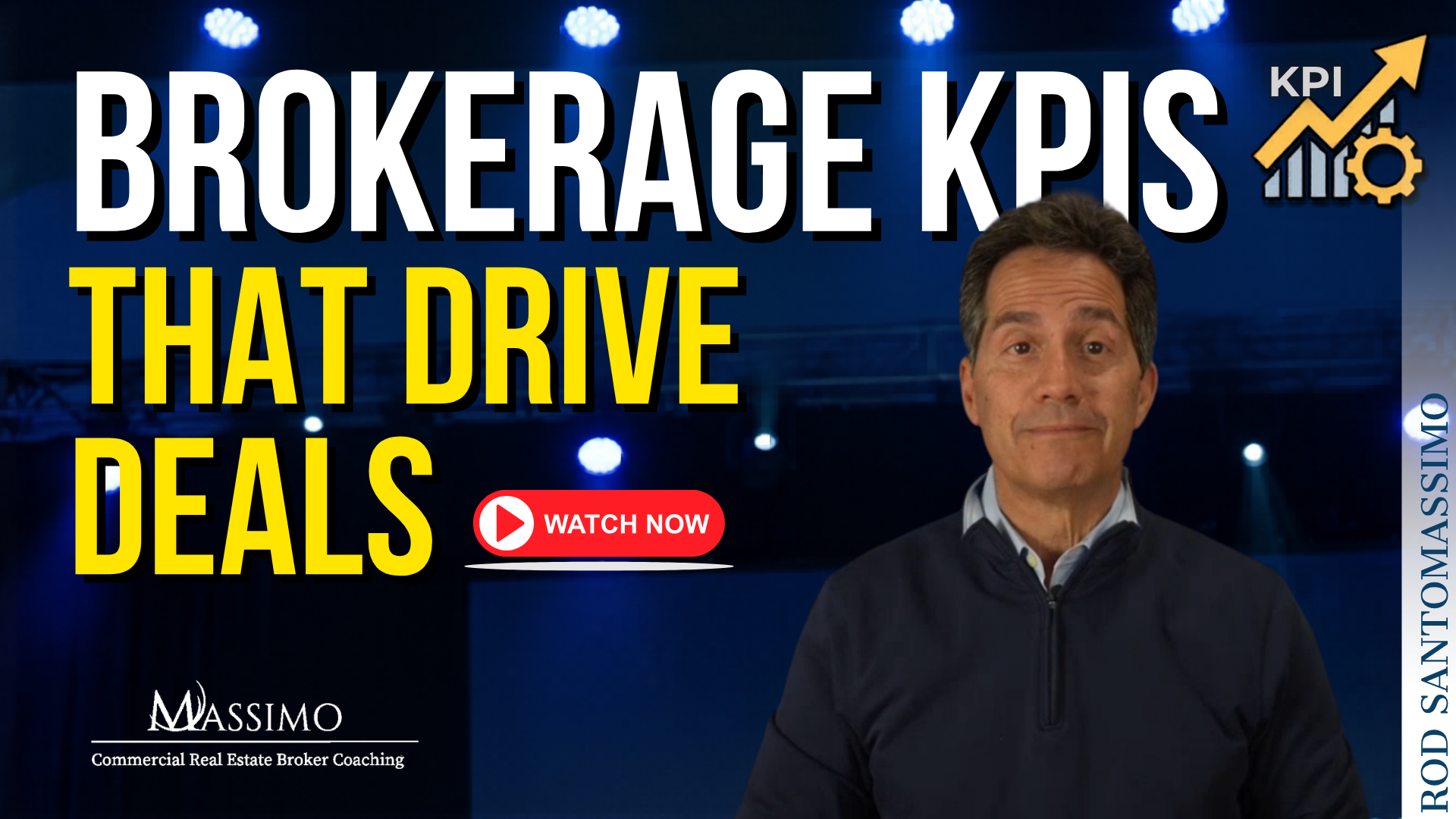 A thumbnail for a video or article titled "Brokerage KPIs That Drive Deals," featuring a man in a suit, the Massimo Group logo, and a "Watch Now" play button icon.