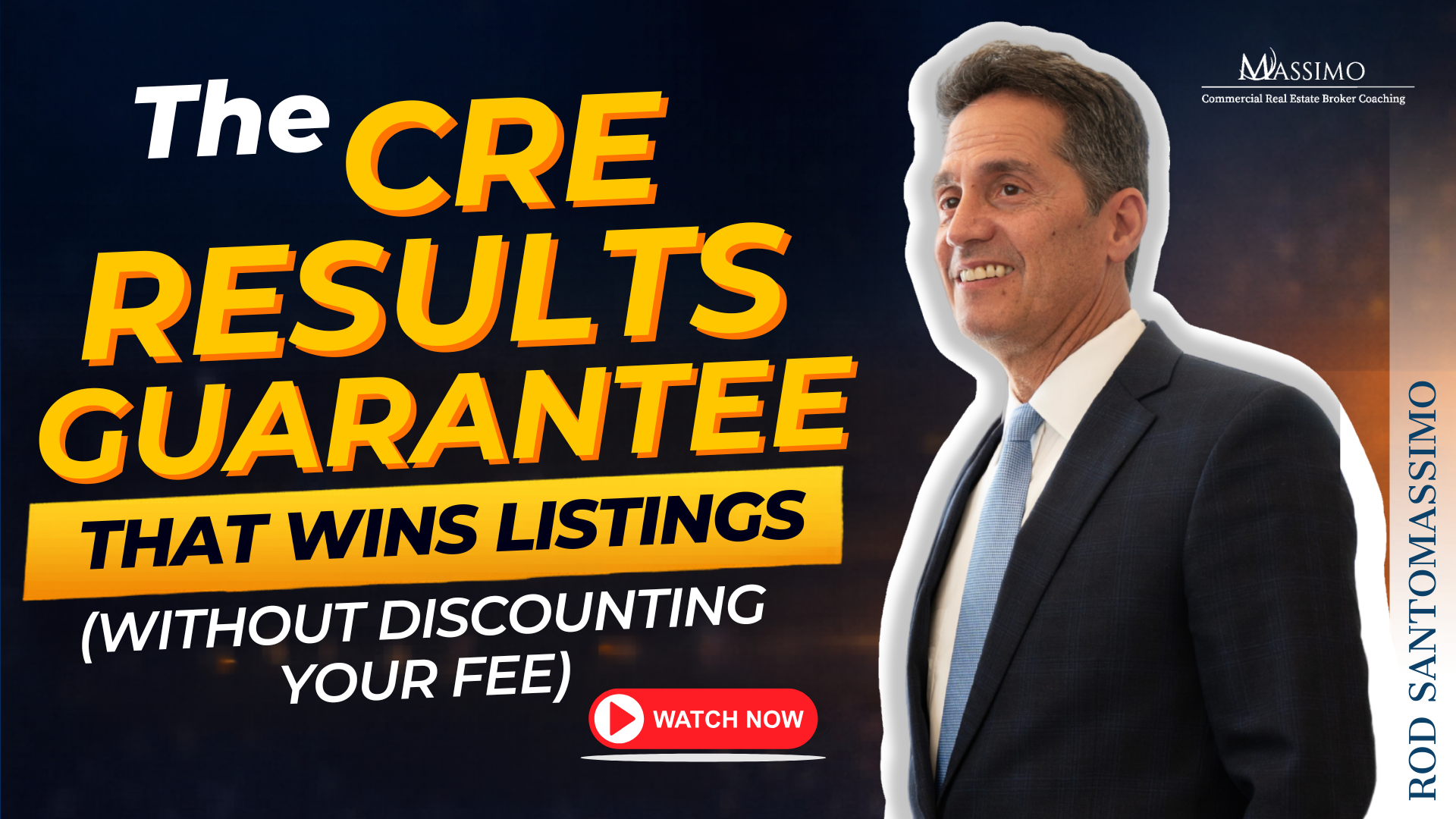 A professional man pointing toward a graphic that reads "CRE Results Guarantee That Wins Listings Without Discounting Your Fee."