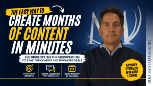 Man in a suit standing next to a graphic that reads 'The Easy Way to Create Months of Content in Minutes' with various social media icons like LinkedIn, YouTube, and Facebook.