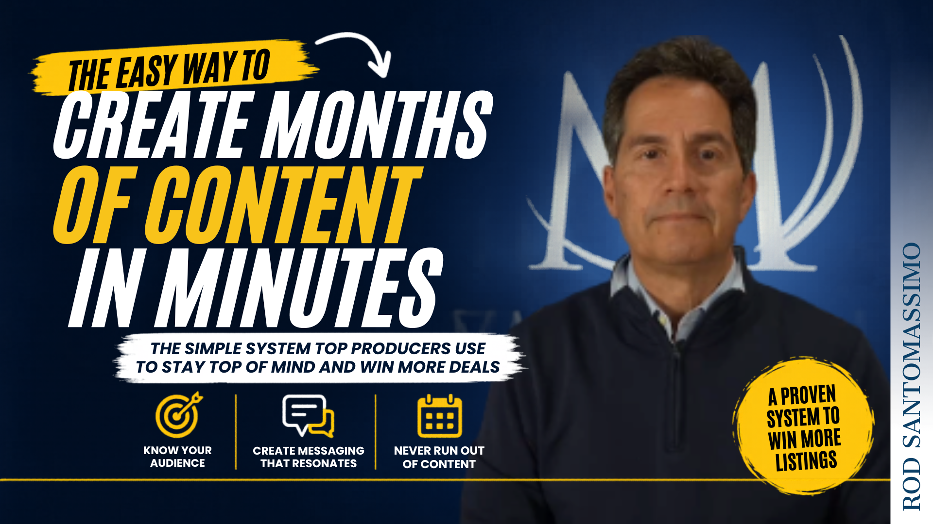 Man in a suit standing next to a graphic that reads 'The Easy Way to Create Months of Content in Minutes' with various social media icons like LinkedIn, YouTube, and Facebook.