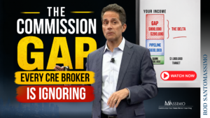 A graphic illustrating the "Commission Gap" framework, showing a "Bank" icon representing earned income and a "Gap" icon representing the remaining revenue needed to hit a target.