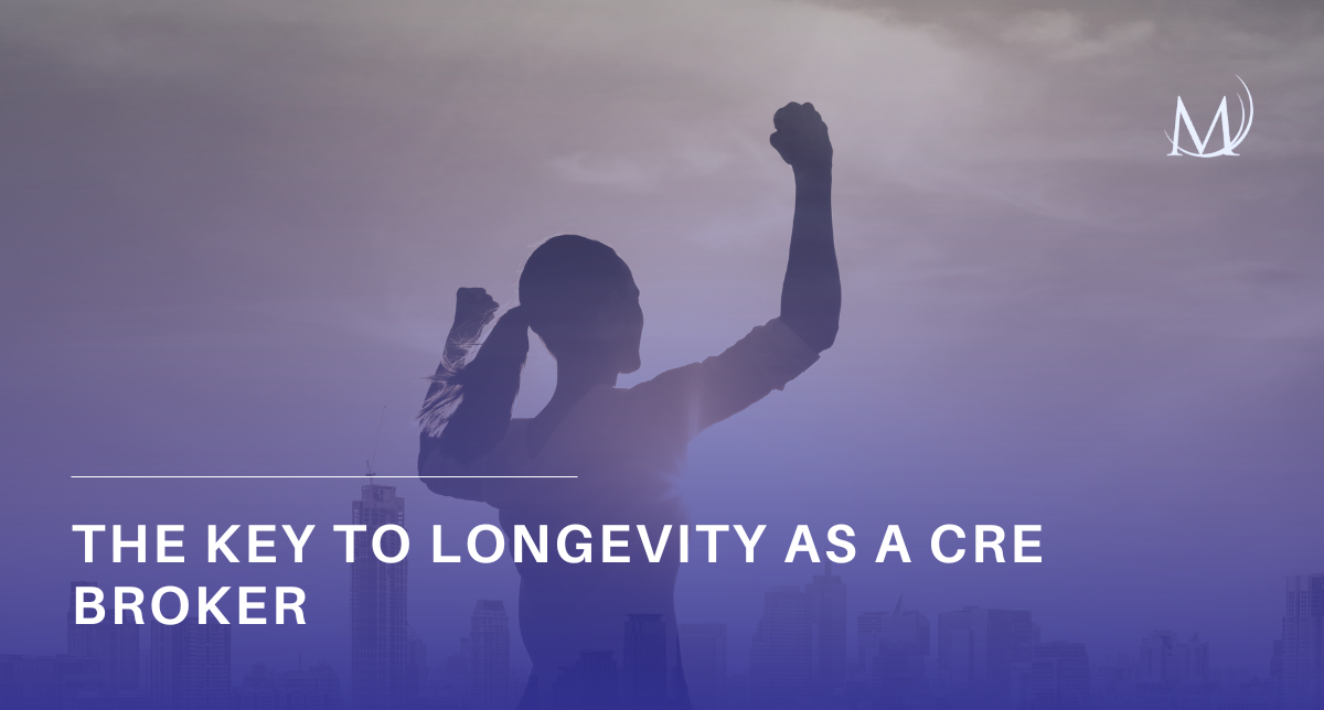 A silhouetted person standing on top of a mountain peak against a dramatic sky, with the article headline text "The Key to Longevity as a CRE Broker" visible.