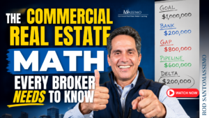 A professional commercial real estate broker smiling, set against a dark background with a bold blue and yellow text overlay that reads "THE COMMERCIAL REAL ESTATE MATH EVERY BROKER NEEDS TO KNOW" alongside The Massimo Group logo.