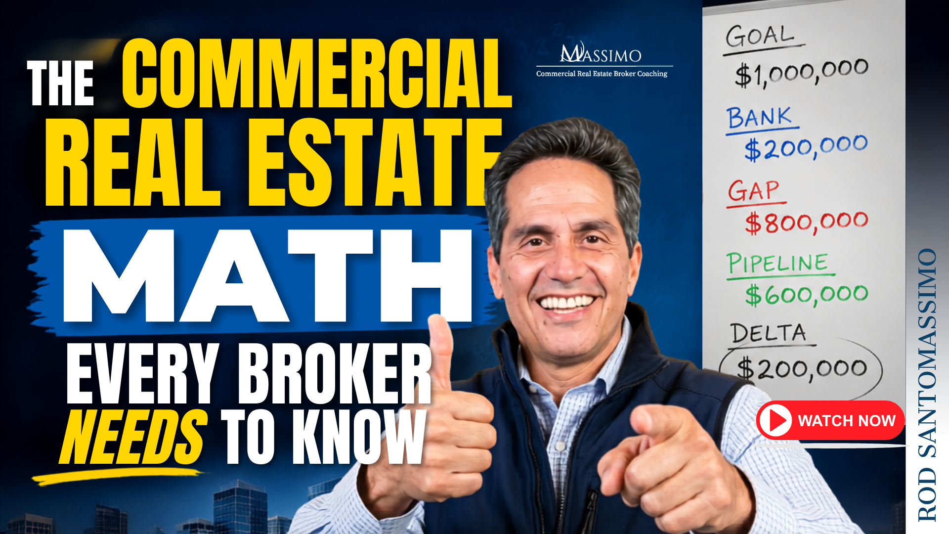 A professional commercial real estate broker smiling, set against a dark background with a bold blue and yellow text overlay that reads "THE COMMERCIAL REAL ESTATE MATH EVERY BROKER NEEDS TO KNOW" alongside The Massimo Group logo.