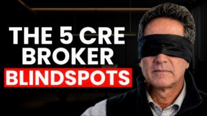 A dark professional graphic titled "The 5 CRE Broker Blindspots" featuring a commercial real estate broker looking out over a city skyline background with red accent highlights.