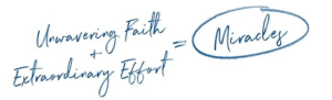 A handwritten-style diagram showing Hal Elrod's formula: "Unwavering Faith" + "Extraordinary Effort" = "Miracles".