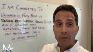 A side-by-side comparison diagram on a white background showing a close-up photo of a man’s face on the left next to a handwritten formula on the right that reads: "Unwavering Faith" + "Extraordinary Effort" = "Miracles".