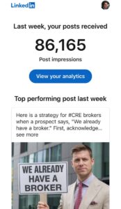 LinkedIn post analytics dashboard showing performance metrics, 86,165 total post impressions, and an analytics overview button.