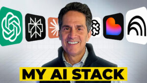Rod Santomassimo smiling, featured alongside text overlay reading "My AI Stack" with logos of ChatGPT, Claude, and Perplexity, illustrating the daily tech stack for commercial real estate brokers.