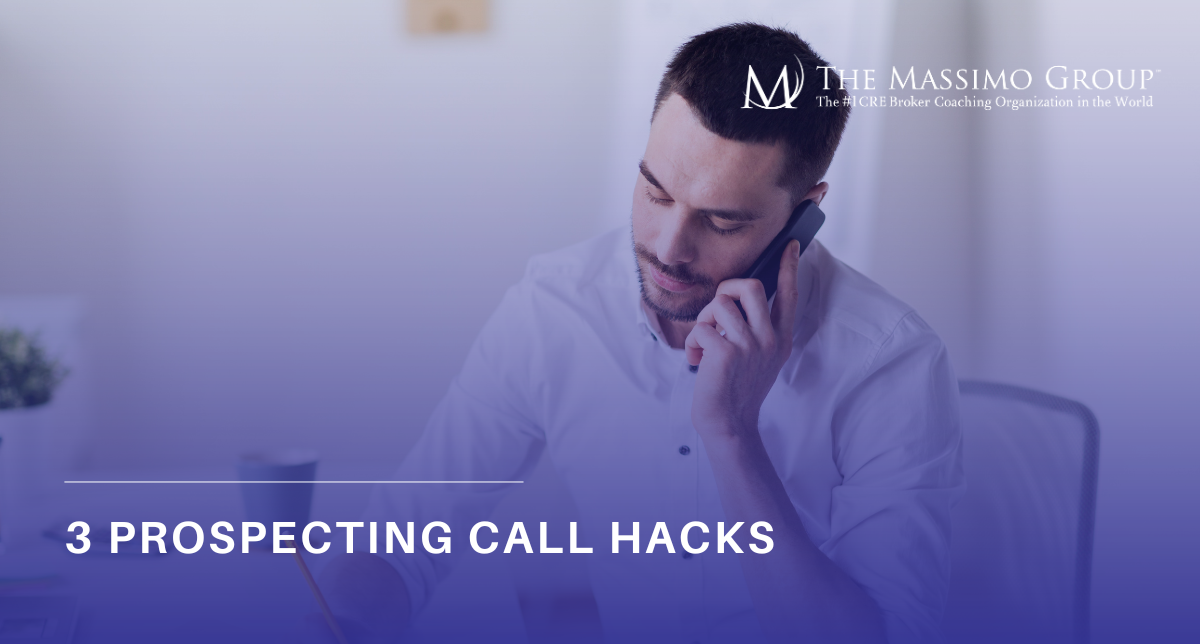Man talking on the phone while looking down at a desk, with overlay text reading "3 Prospecting Call Hacks."