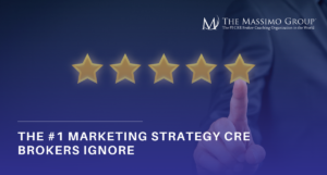 Graphic featuring a blue background with a person's hand interacting with five gold star icons. Includes the text "THE #1 MARKETING STRATEGY CRE BROKERS IGNORE" in bold white lettering, along with logo branding for "THE MASSIMO GROUP - The #1 CRE Broker Coaching Organization in the World" in the upper-right corner.