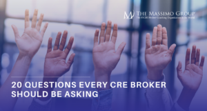 Text reading "20 Questions Every CRE Broker Should Be Asking" over a graphic background with a commercial real estate professional.