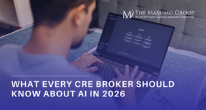 A man working on a laptop displaying the ChatGPT interface, with an open notebook beside it. Overlaid across the bottom in bold white text is the headline: "WHAT EVERY CRE BROKER SHOULD KNOW ABOUT AI IN 2026." The top right features the logo for "THE MASSIMO GROUP: The #1 CRE Broker Coaching Organization in the World."