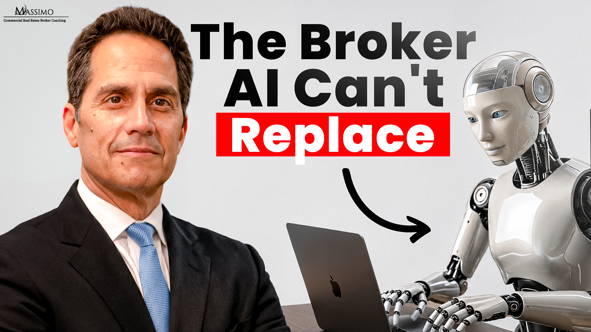 Rod Santomassimo pointing toward text that reads "5 AI Trends Every Commercial Real Estate Broker Must Know" against a dark blue background with the Massimo Group logo.