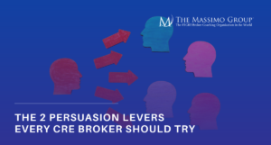 Promotional banner with a blue digital network background and Massimo Group branding, featuring a commercial real estate professional in a suit alongside the title text: "The 2 persuasion levers every CRE Broker should try."